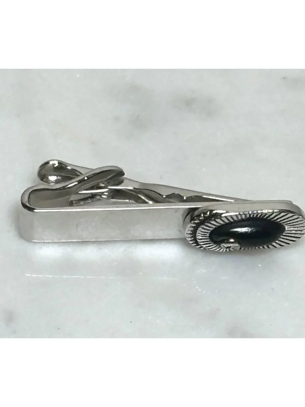 Vintage Swank Silver Tone Tie Clip Black Stone Minimal Mid Century